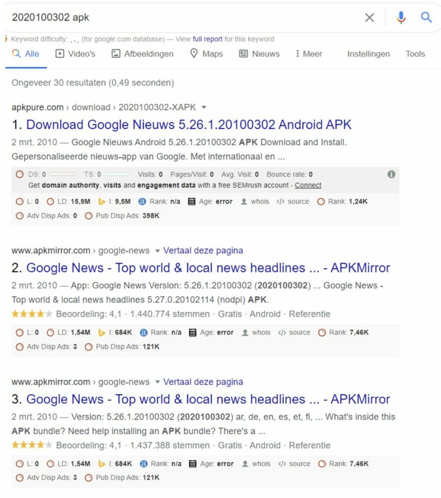 Number +apk SERP discovery